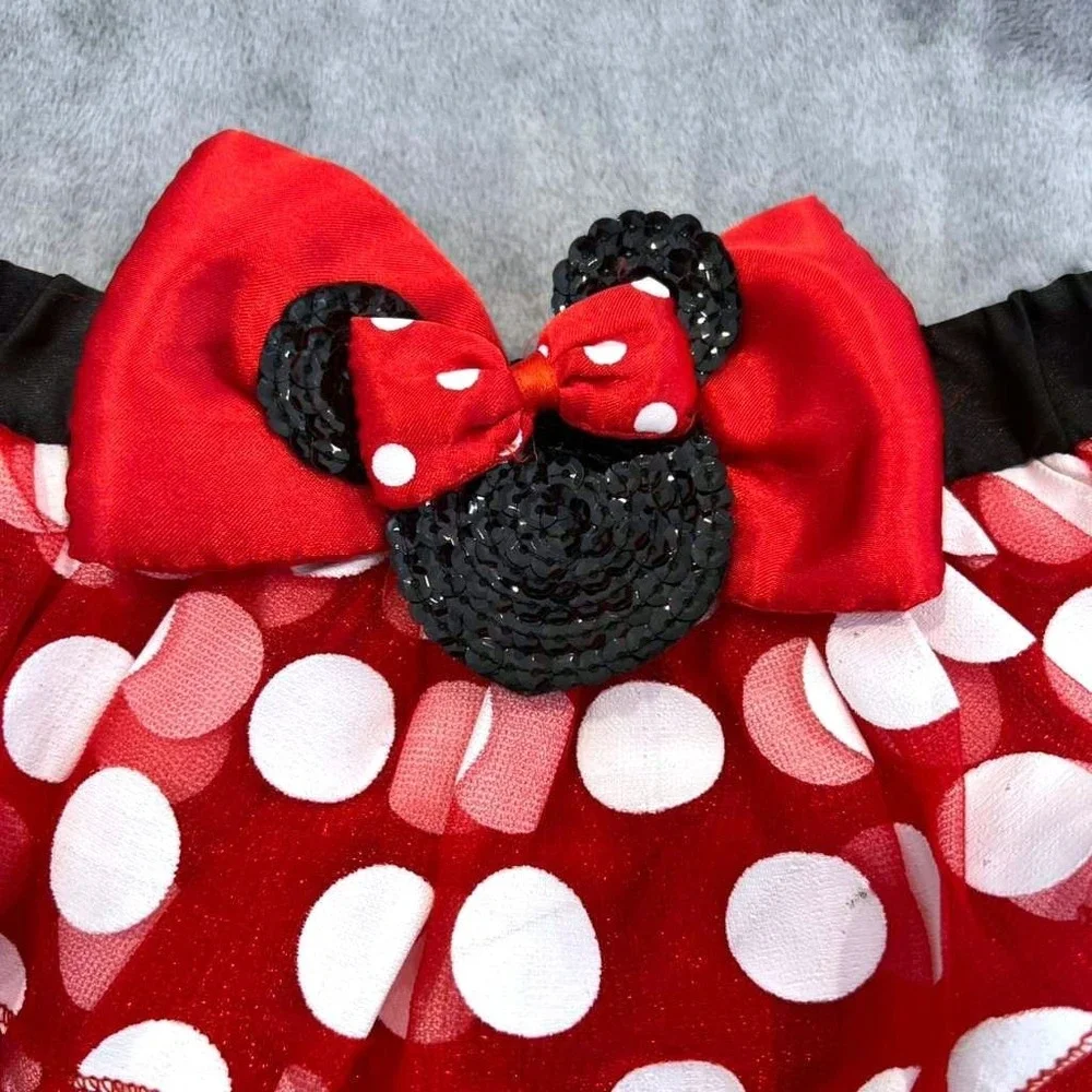 Disney Minnie Mouse Red Polka Dot Ruffle Tutu Skirt Sequin Bow Costume